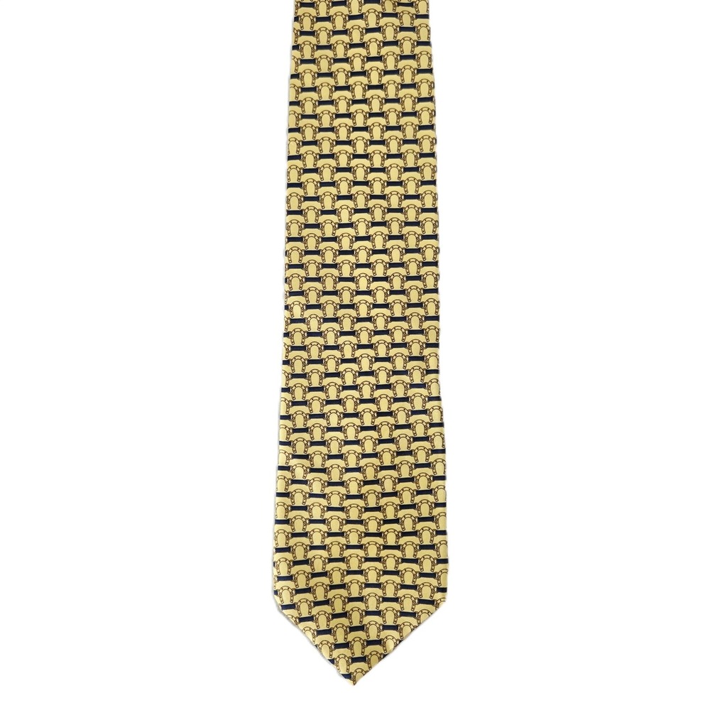 Vintage Paolo Gucci Silk Tie Equestrian Stirrup Chain Yellow Navy Made in Italy - Picture 2 of 3